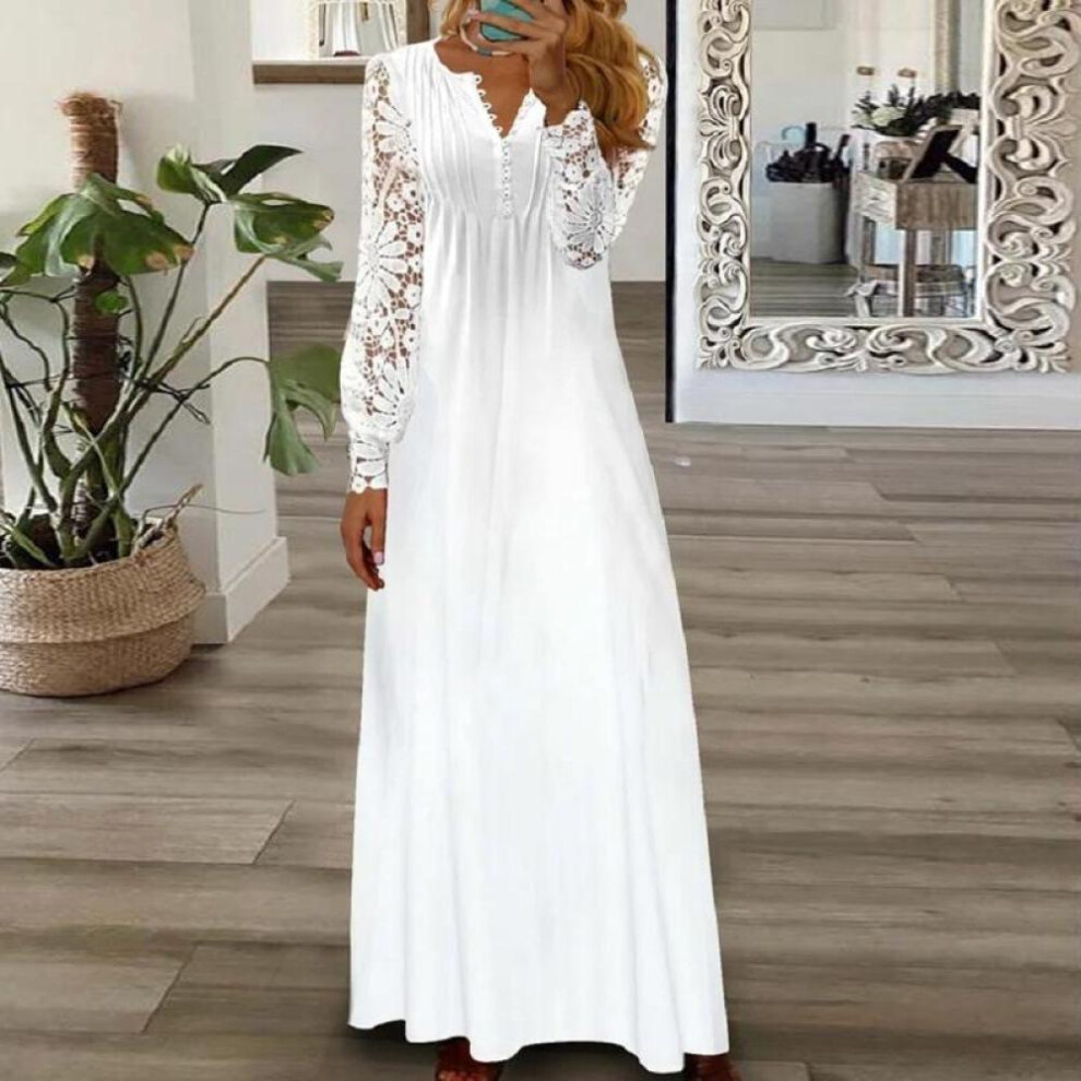 (white, L) Elegant Hook Flower Hollow Lace Dress Women Spring Summer Fashion Lace-up Long Dress Woman Casual Long Sleeve White Dresses 24816