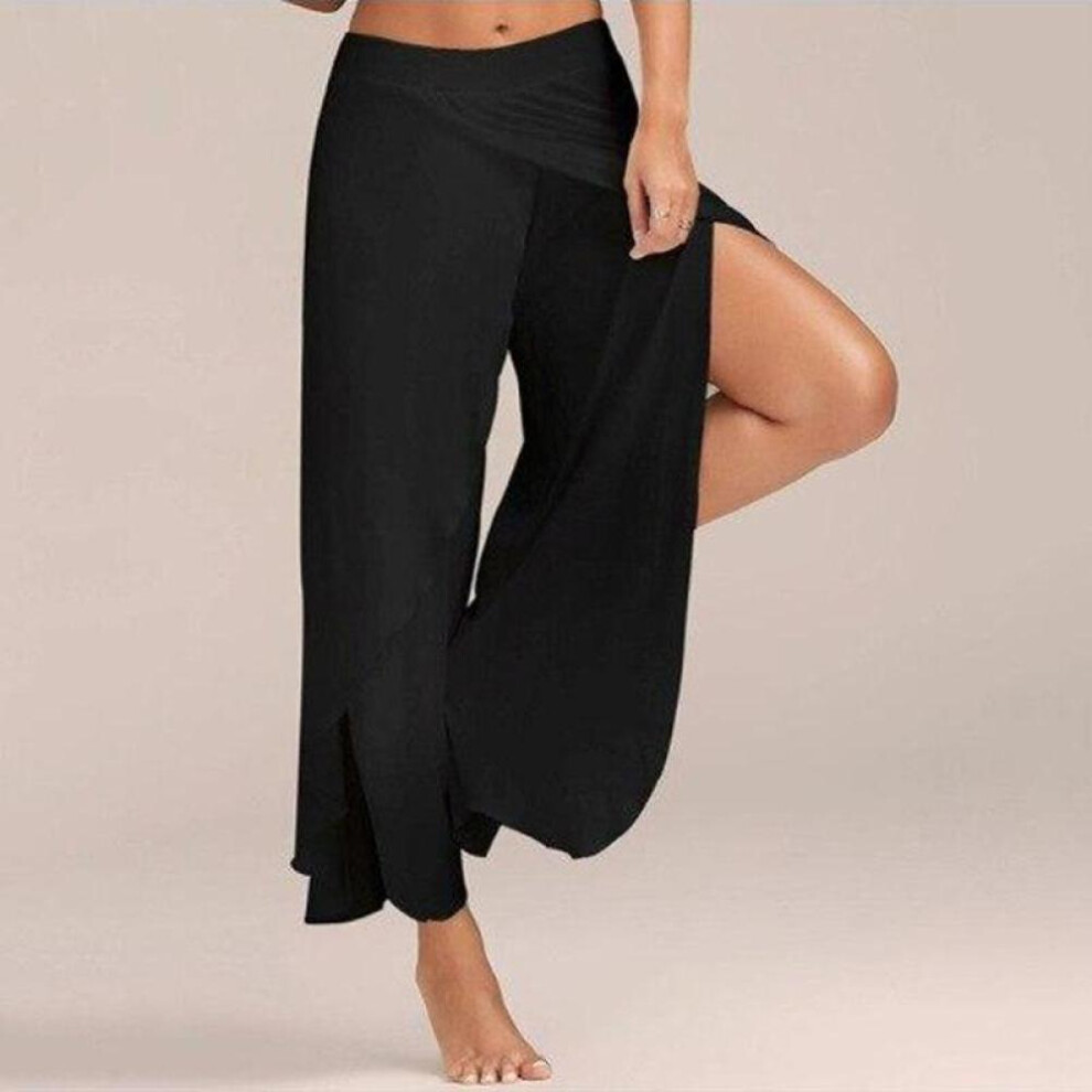 (black, 4XL) Wide Leg Pants Female Loose Fitness Dance Yoga Split Trousers Women Elastic Waist Casual Workout Solid Summer Clothing 21923