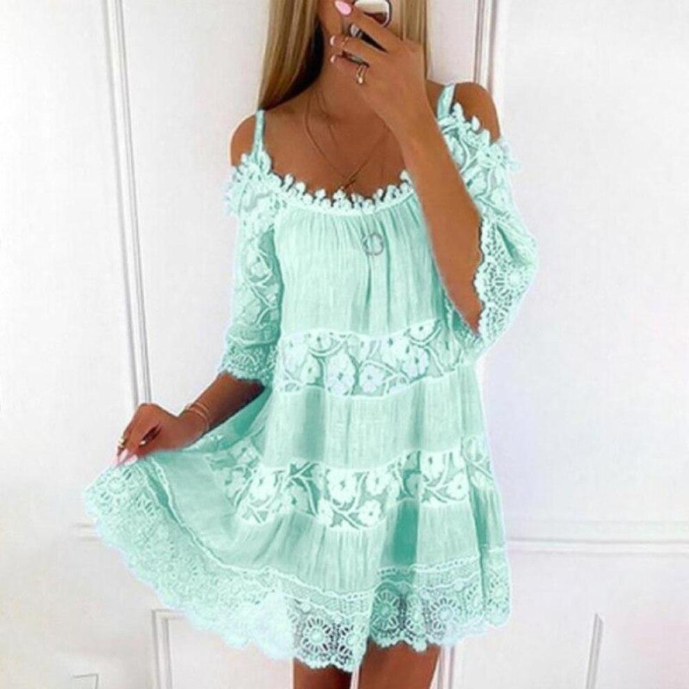 (green, 4XL) Sexy Off Shoulder Lace Dress Casual Loose Sweet Dress Summer Short Sleeve Camisole Solid Color O-neck Short Mini Dresses 26249