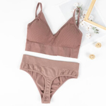 (light coffee, L) Seamless Cotton G-String and Wireless Bra Set for Women
