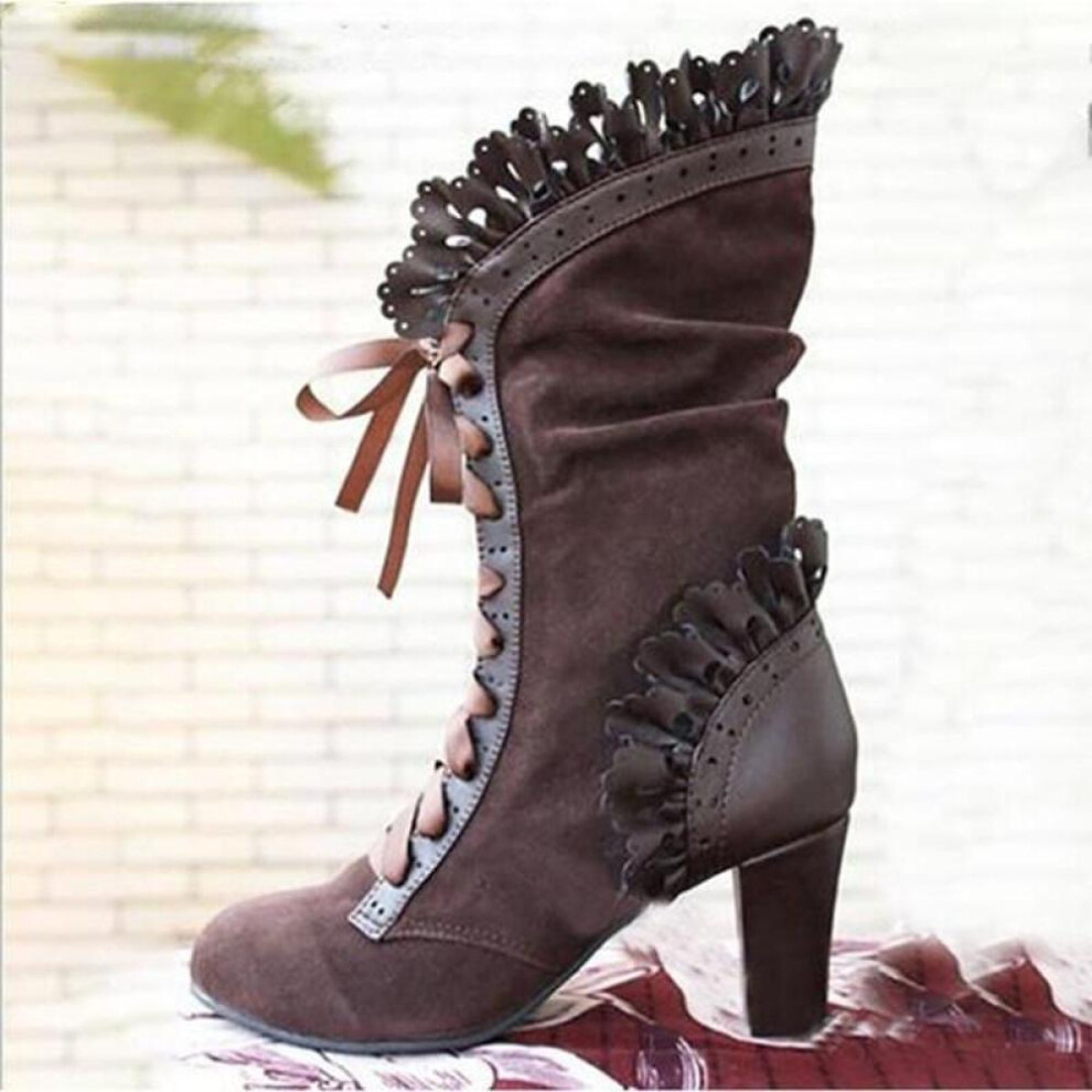 (brown, 36) Women Square High Heel Boots Women Sexy Flock Leather Boots Autumn Winter Vintage Lace Shoes Women Lace-up Fashion Boots