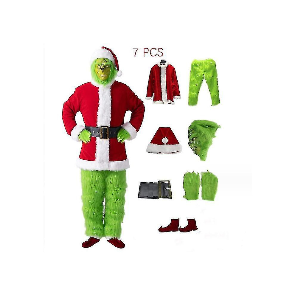 (7PCS full set of clothes, M) Bebetter The Grinch Costume Christmas Cosplay Adult Santa Costume Outfits Set   Mask