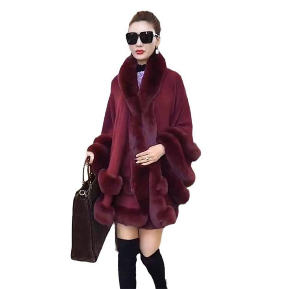 (wine red, One Size) 6 Colors Women Faux Fox Fur Cape Big Pendulum Cardigan Winter Shawl Warm Thick Coat Two Circle Fur Loose Poncho Cloak With Hat