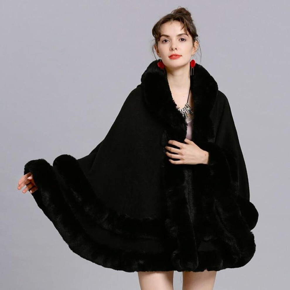 (black, One Size) 6 Colors Women Faux Fox Fur Cape Big Pendulum Cardigan Winter Shawl Warm Thick Coat Two Circle Fur Loose Poncho Cloak With Hat