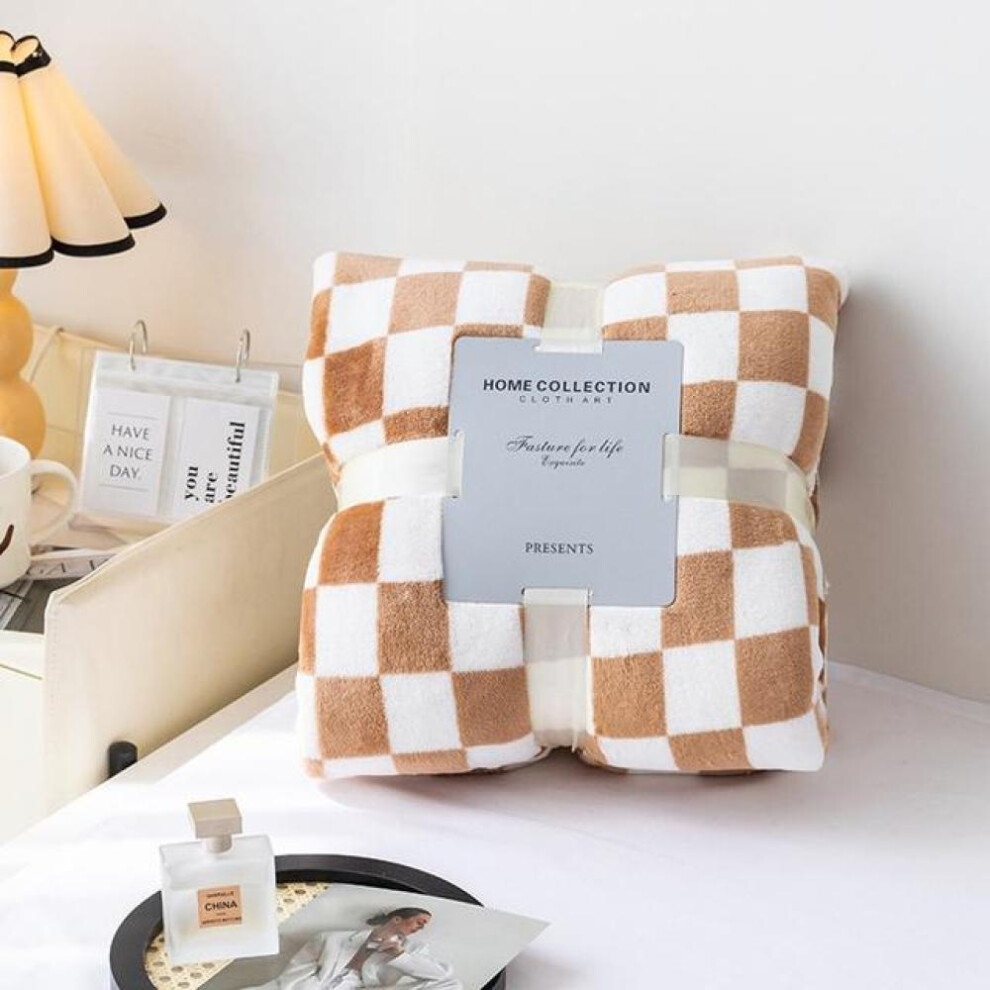(khaki, 100x150cm) Checkerboard Coral Fleece Blanket Plaid Super Soft Bed Throw Bedsheet Sofa Cover For Home Bedroom Travel Office Nap Blankets
