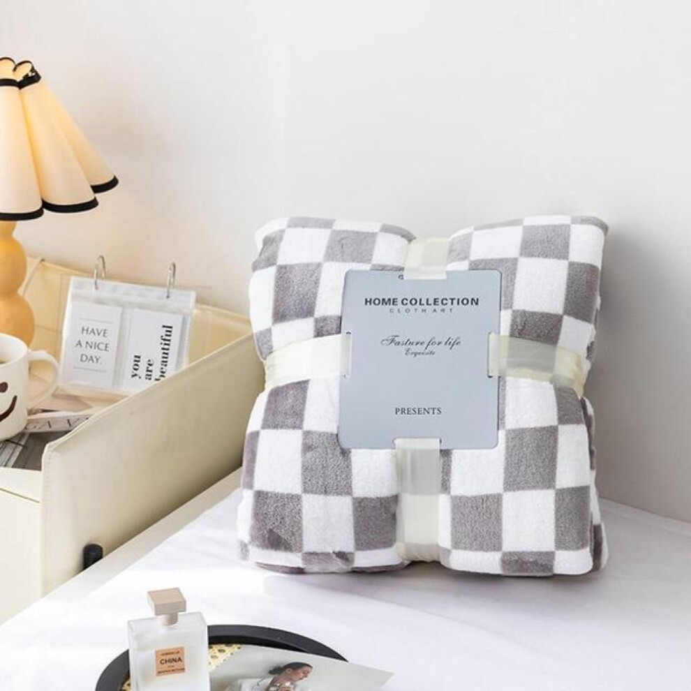 (light grey, 130x150cm) Checkerboard Coral Fleece Blanket Plaid Super Soft Bed Throw Bedsheet Sofa Cover For Home Bedroom Travel Office Nap Blankets
