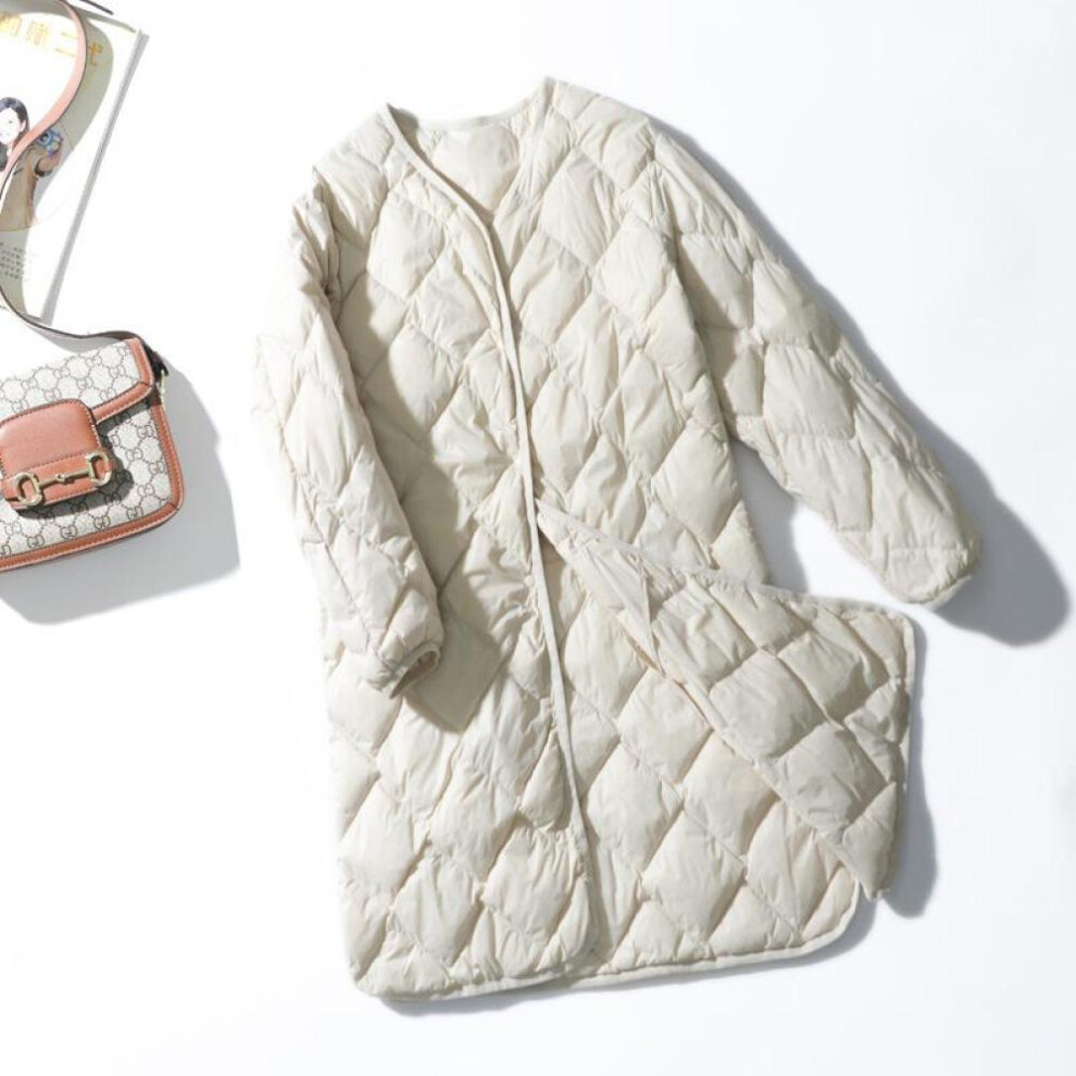 (beige, XL) Women Winter Ultra Light Thin Duck Down Coat Winter Long Slim Warm Basic Quilted Puffer Jacket