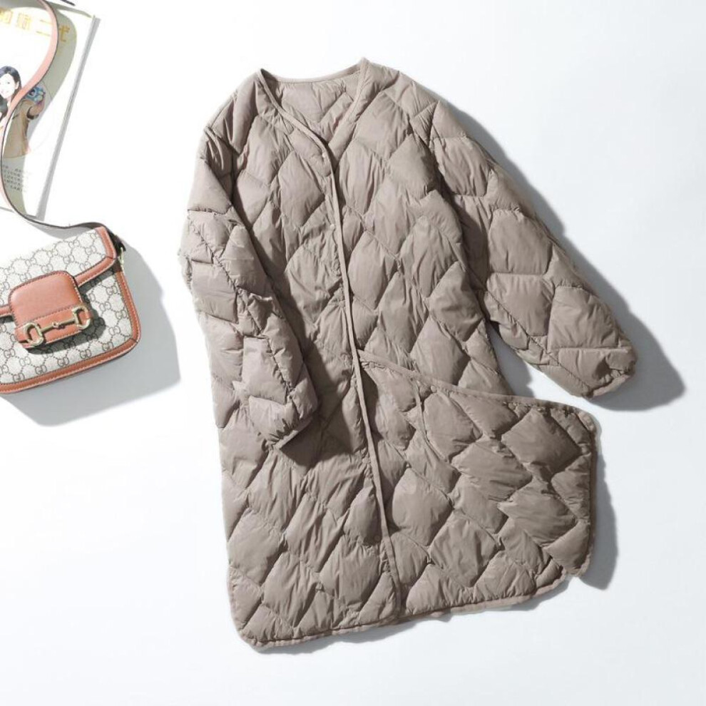 (khaki, XL) Women Winter Ultra Light Thin Duck Down Coat Winter Long Slim Warm Basic Quilted Puffer Jacket