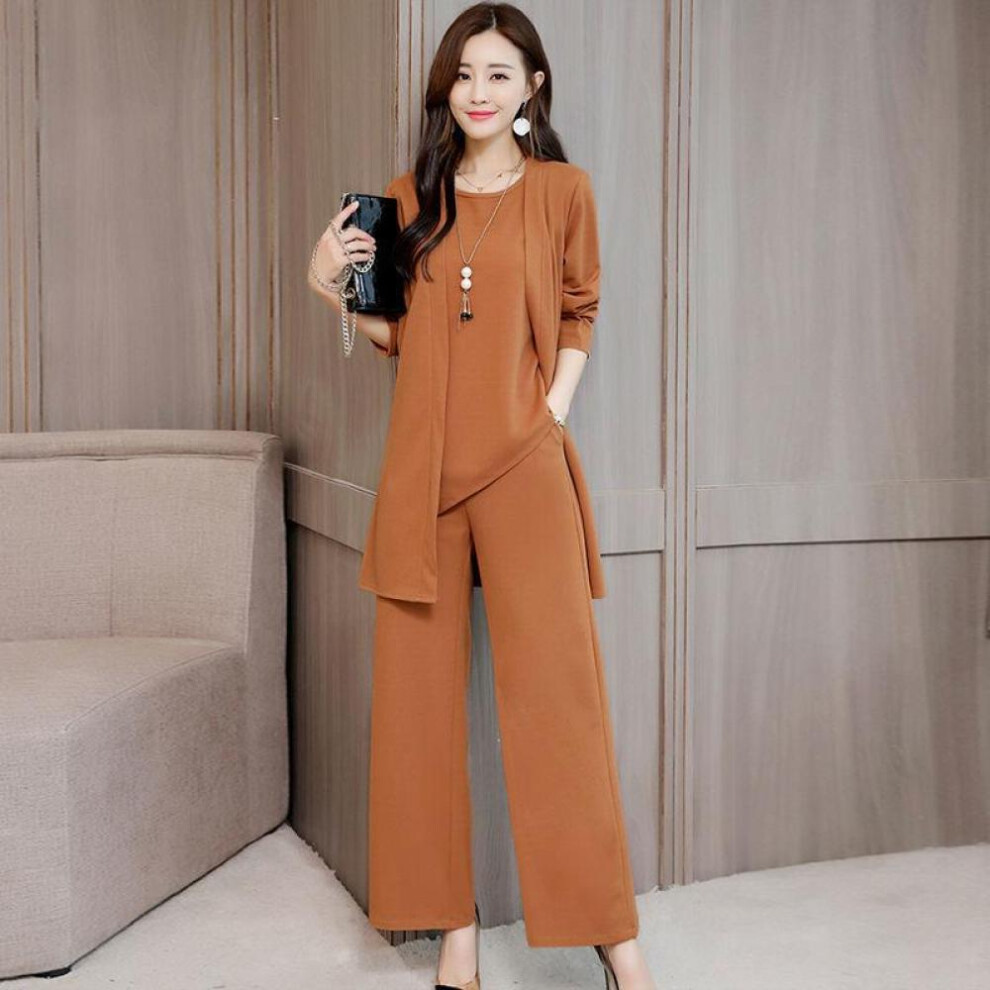 (brown, M) Women&apos;s Fashion Autumn And Winter Suit Western Style Slimming Coat + Tshirt + Pants Three Piece Sets