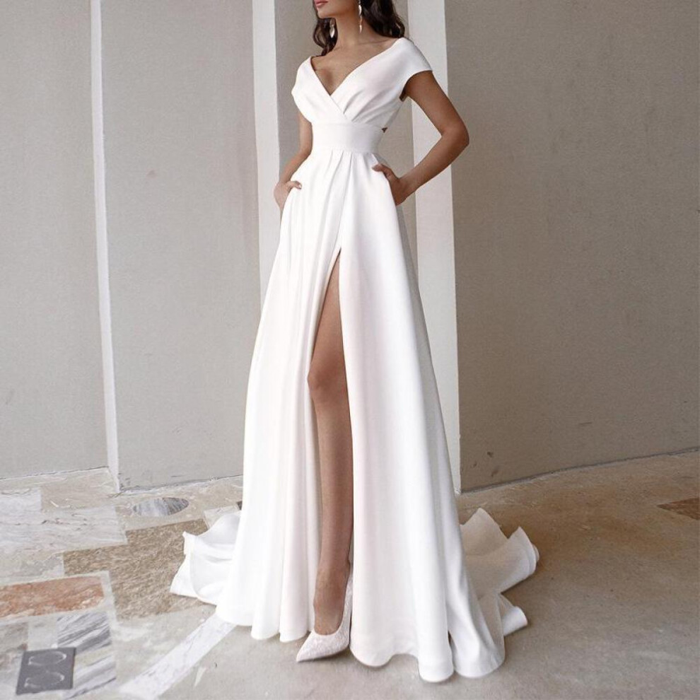 (white, M) Women's Sexy V-neck Party Evening Dress Wedding Dress