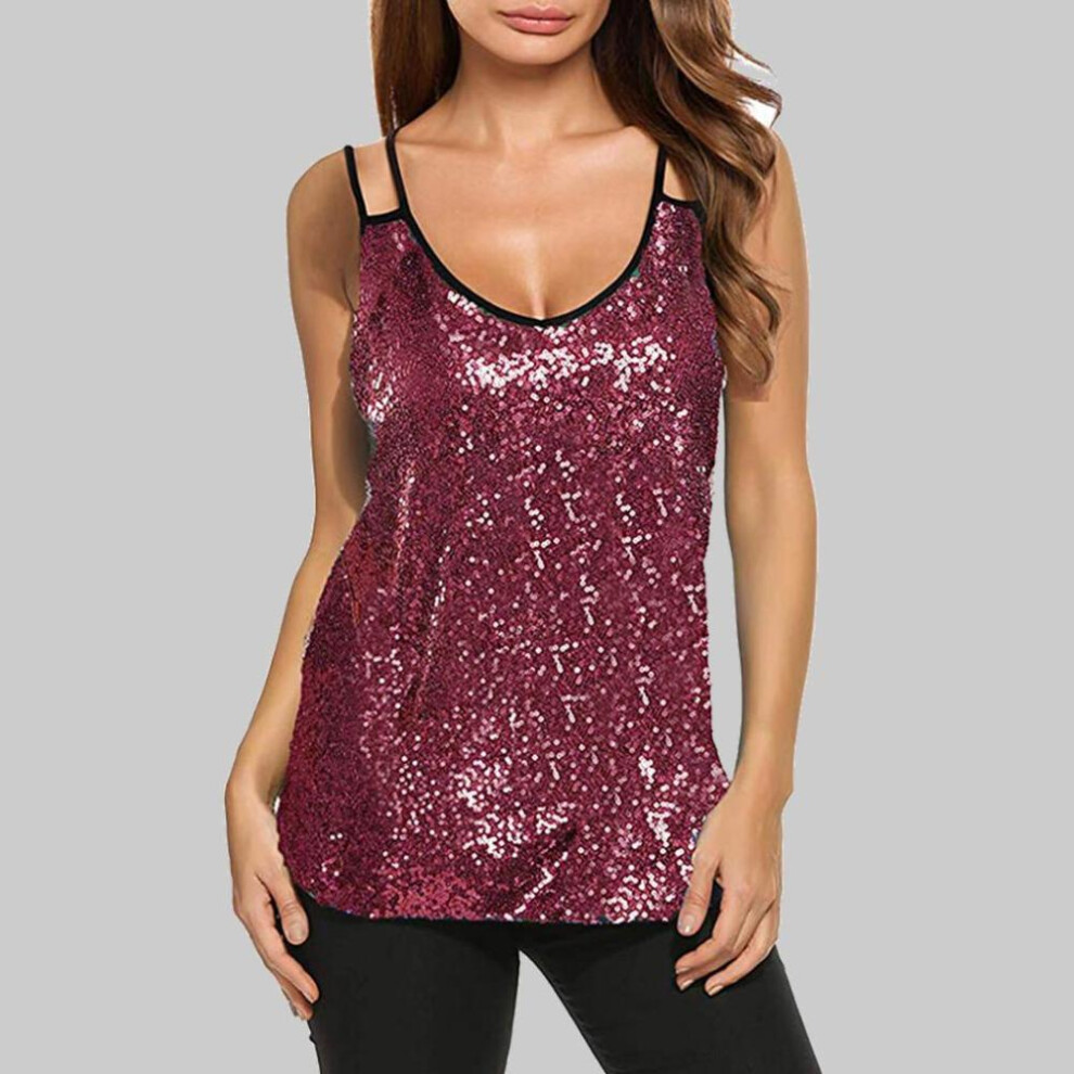 (pink, XL) Women&apos;s Fashion Suspender V-neck Sleeveless Sequin Tank Tops