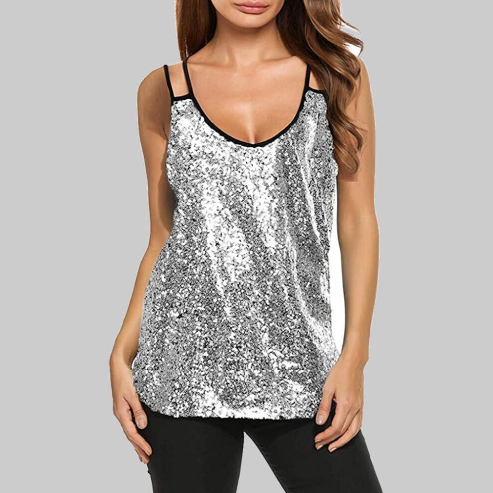 (silver, XXL) Women&apos;s Fashion Suspender V-neck Sleeveless Sequin Tank Tops