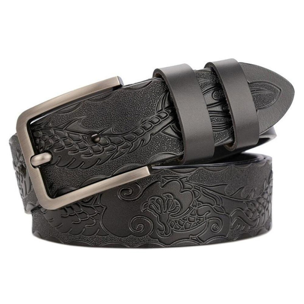 (red, 115CM) Belts For Men Vintage Genuine Leather High Quality Fashion Classic Casual Carved Flowers Jeans Men Belts Pin Buckle Strap Hq232