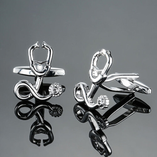 Men Shirts Enamel Lacquered Cufflinks, Color: Silver Stethoscope 1