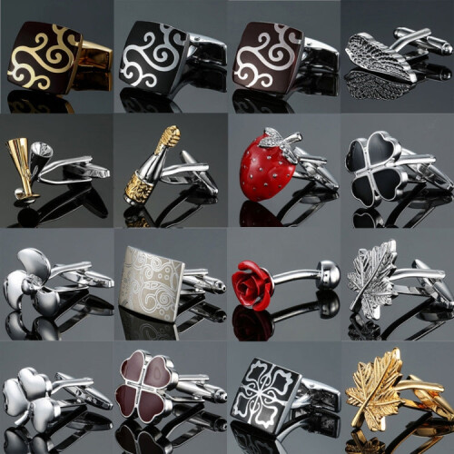 Men Clover Rose Pattern Cufflinks, Color: Silver Laser Flower 2
