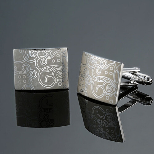 Men Clover Rose Pattern Cufflinks, Color: Silver Laser Flower 1