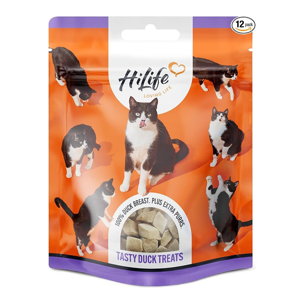 HiLife Duck Breast Cat Treats, Freeze Dried & Grain Free Duck Treats for Adult Cats Suitable for Indoor & Outdoor Cats (12 Bags x 10g)