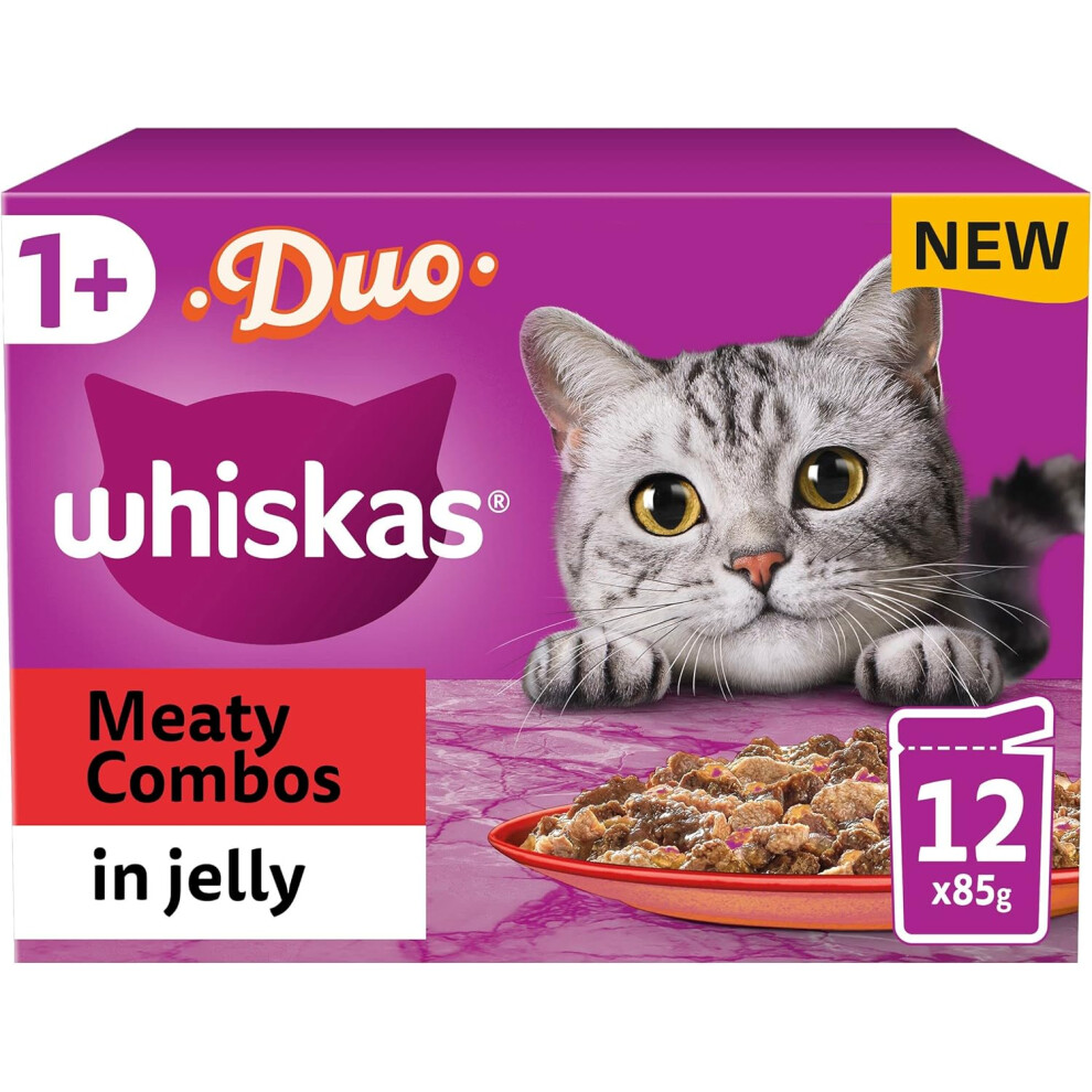 Whiskas Tasty Duo 1+ Meaty Combos in Jelly 48 x 85 g Pouches, Adult Cat Food, Pack of 4 (12 x 85 g)