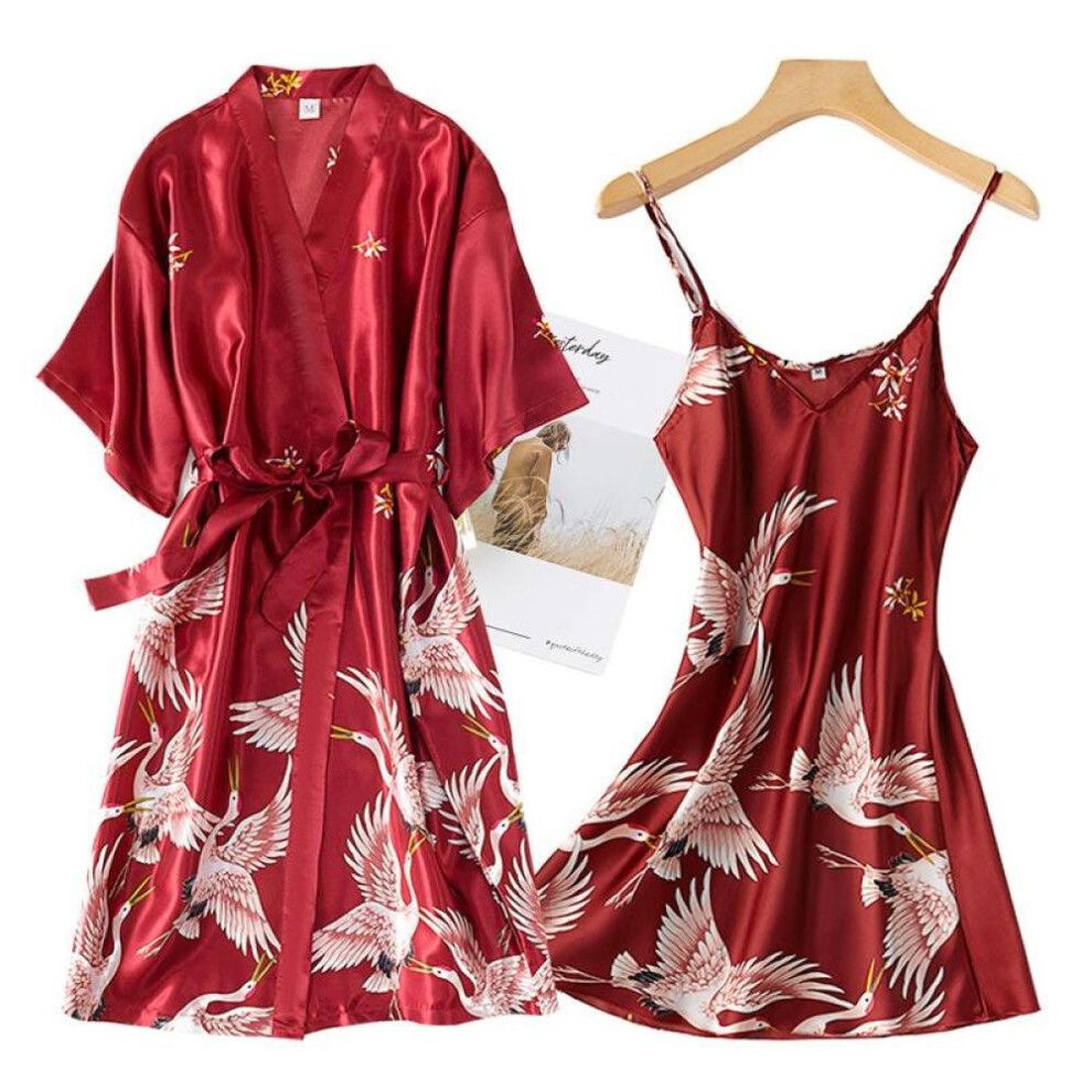 (wine red, XL) 2pcs Women Bathrobe Set Sexy Sleep Dress Women Nightgown Short Sleeve Sleepwear Bride Robe