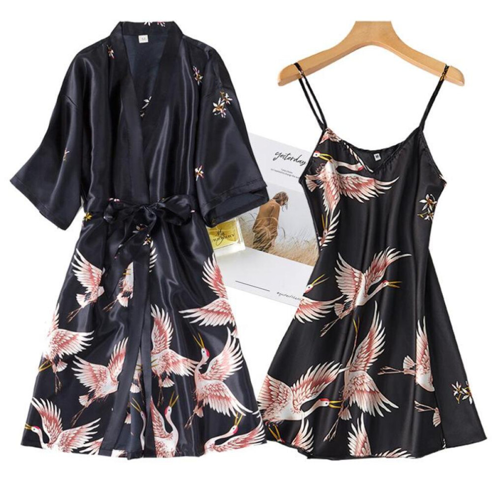 (black, XXL) 2pcs Women Bathrobe Set Sexy Sleep Dress Women Nightgown Short Sleeve Sleepwear Bride Robe
