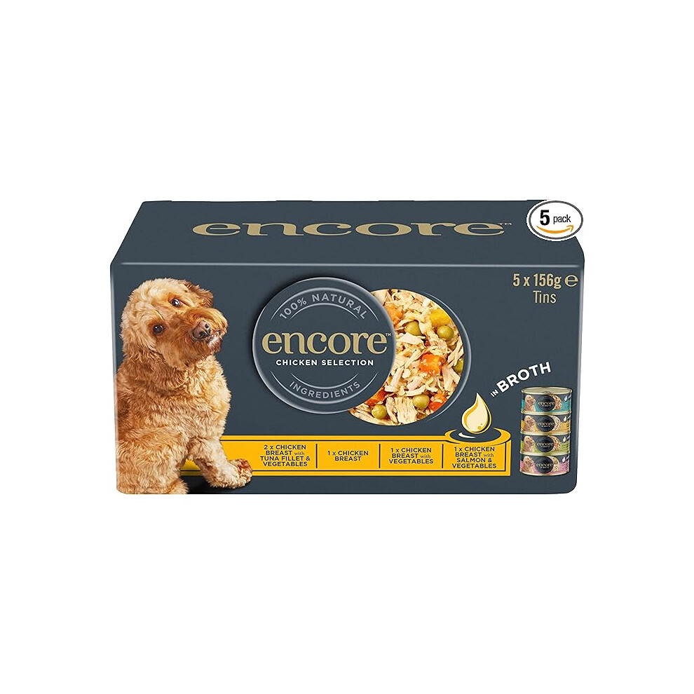 Encore 100 Percent Natural Adult Wet Dog Food, Chicken and Fish Selection Multipack in Broth 156g Tin (5 x 156g Tins)