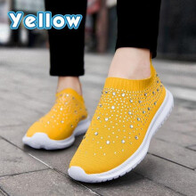 (yellow, 43) Fashionable Women's Lightweight Breathable Mesh Elastic Casual Shoes Striped Rainbow Rhinestone Shoes