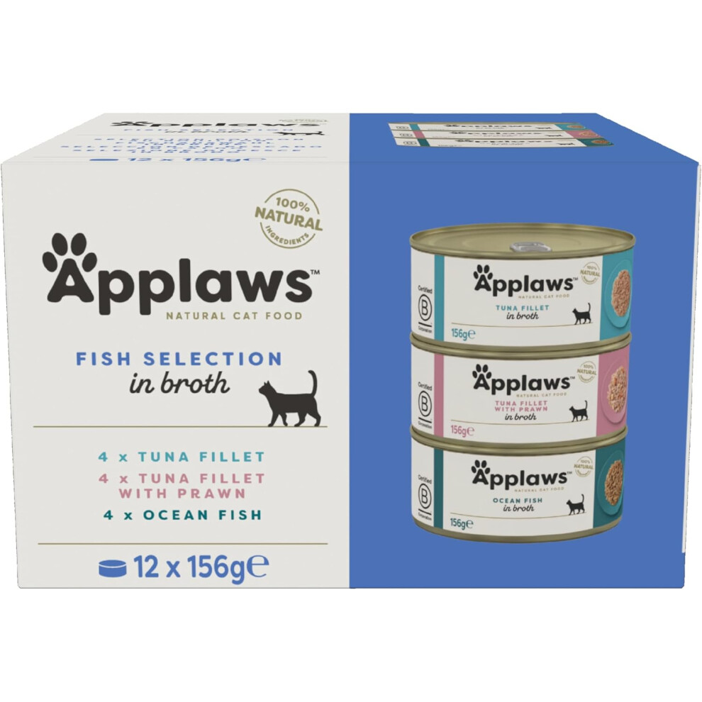 Applaws 100% Natural Wet Cat Food, Multipack Fish Selection in Broth 156 g Tin (Pack of 12)