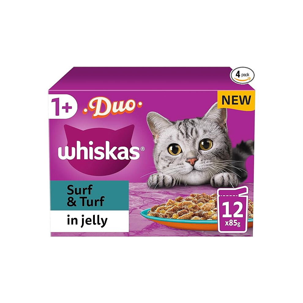 Whiskas Tasty Duo 1+ Surf and Turf in Jelly 48 x 85 g Pouches, Adult Cat Food, Pack of 4 (12 x 85 g)