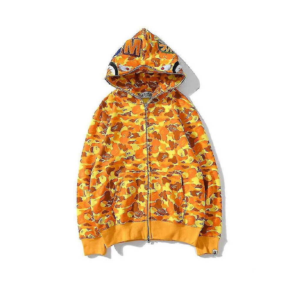 (S-Chest-104CM) Hoodie Cotton Shark Camo Fashion Jacket Sweatershirt Zip Up Hip-hop Outerwear For Men Women-yellow