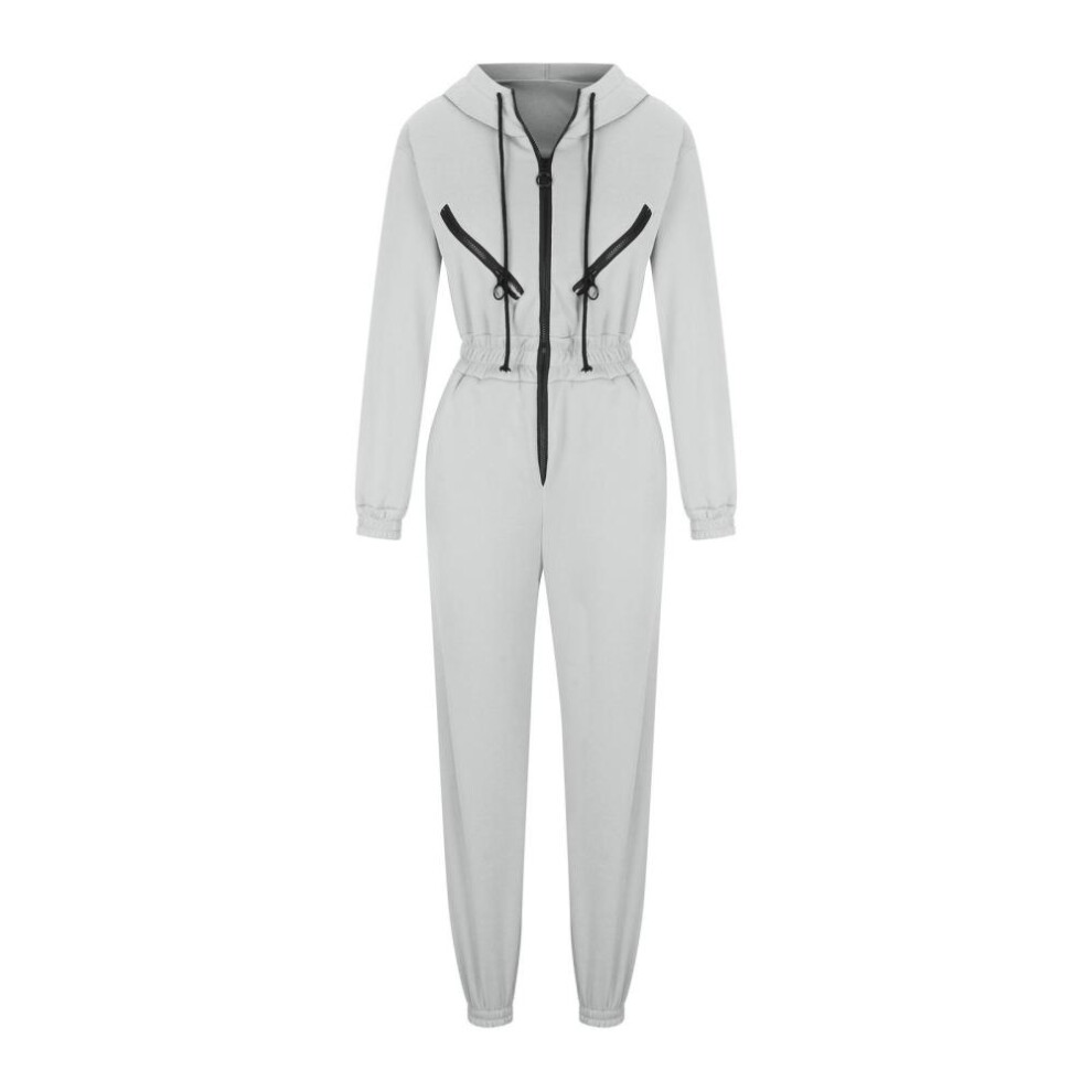 (white, M) Women Solid Color Bodysuit Long Sleeve Hooded O Neck Hoodies Suit Autumn Winter Loose Top Wide Leg Pants