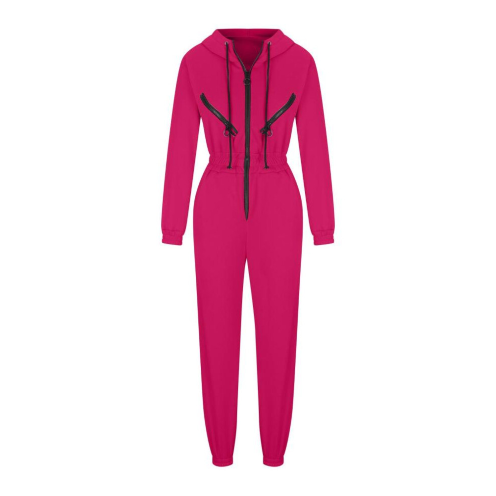 (rose red, S) Women Solid Color Bodysuit Long Sleeve Hooded O Neck Hoodies Suit Autumn Winter Loose Top Wide Leg Pants