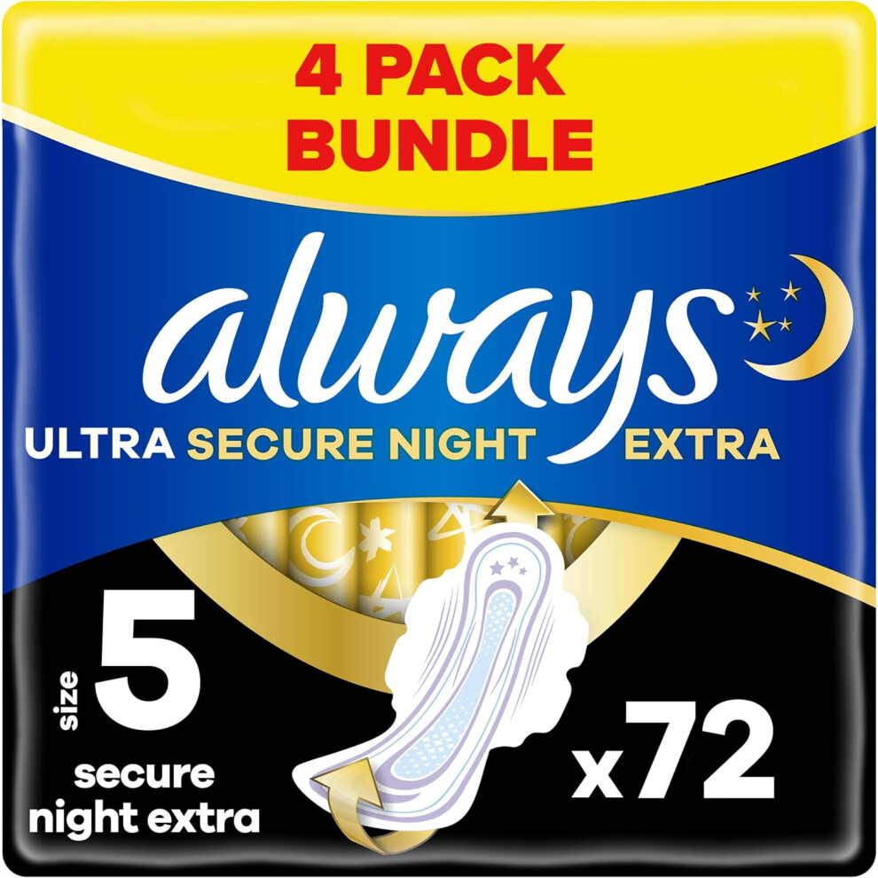 Always Ultra Sanitary Towels/Pads with Wings, Secure Night Extra Size 5, Ultra Thin, 72 Towels (18 x 4 Packs)