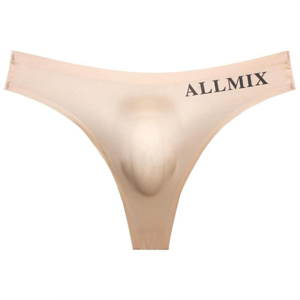 (beige, 2XL) Men&apos;s Sexy Mesh Thongs Ice Silk Seamless Letter G-string Sports Fitness Panties For Men