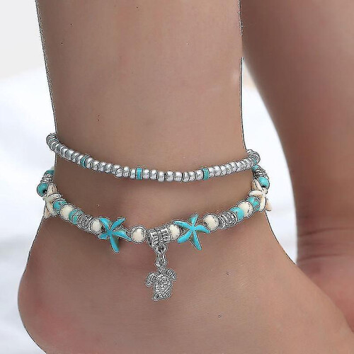 2pcs Boho Shell/starfish/turtle/ Weave Anklets Bracelets Beaded Adjustable 1
