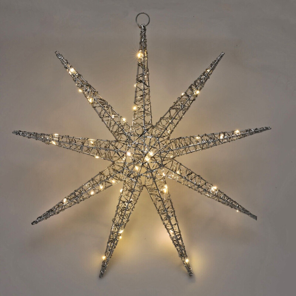 (Silver) Hanging Snowflake Christmas Star Decoration LED Lights, Festive Holiday String Lights for Home Tree Decor