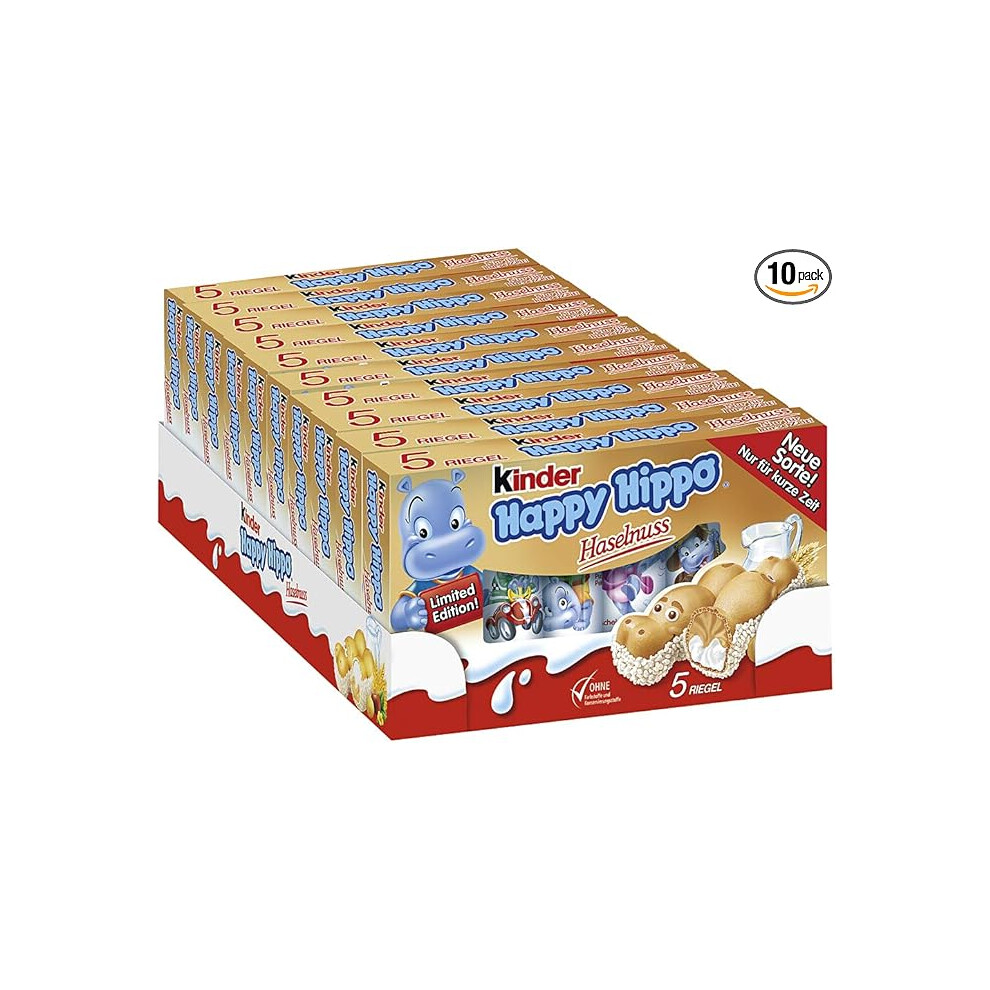 Kinder Happy Hippo Hazelnut Biscuit Bars, Bulk Chocolate Gift, Crispy Wafer With Milk Chocolate And Hazelnut Filling, Pack Of 10 X 103.5g