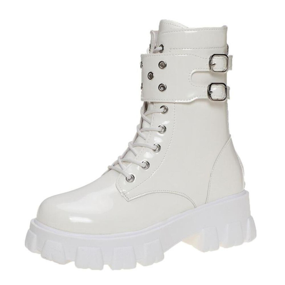 (white, 37) Round Toe Thick Bottom Belt Buckle Design With Retro Boots For Women Plus Size