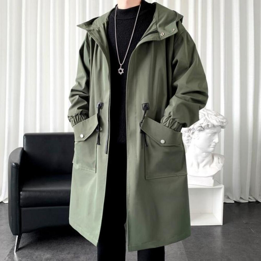 (green, XXXL) Long Trench Coat Jacket Men Cotton Autumn Spring Black Hip Hop Japanese Coats Streetwear Men&apos;s Hooded Army Green Casual Jackets