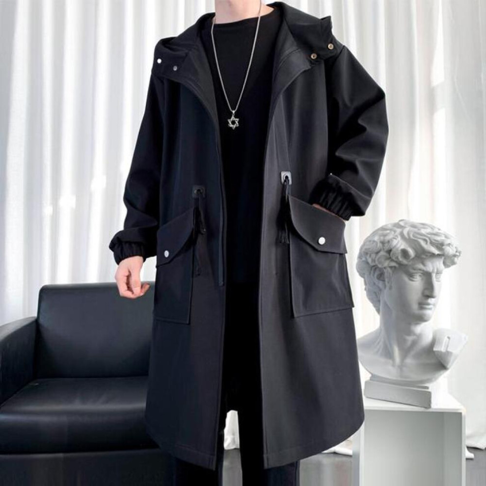 (black, XXL) Long Trench Coat Jacket Men Cotton Autumn Spring Black Hip Hop Japanese Coats Streetwear Men&apos;s Hooded Army Green Casual Jackets