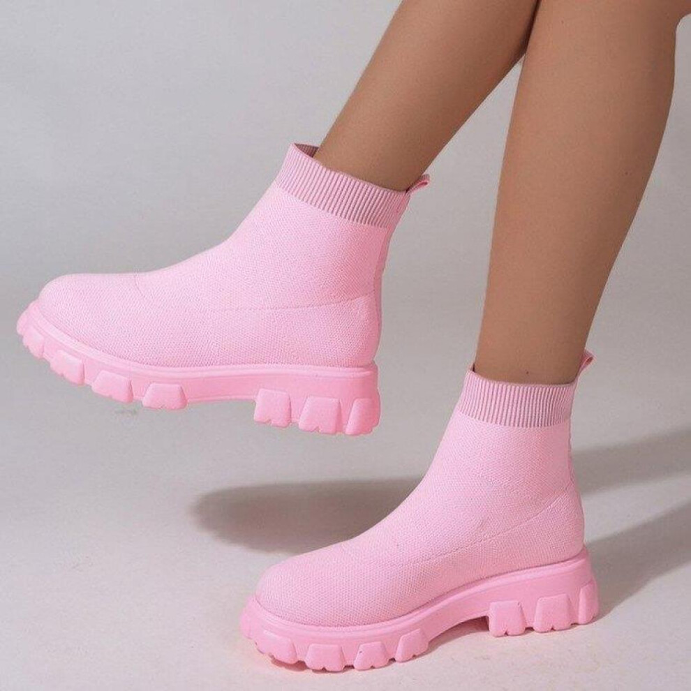 (pink, 35) New Thick Sole Flyknit Mesh Short Socks Shoes For Women&apos;s High Top Flyknit Boots
