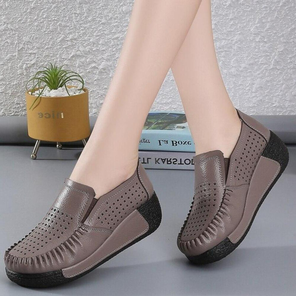 (coffee, 38) Breathable Summer Women&apos;s Shoes Flat Platform Ladies Sneakers Female Hollows Cow Suede Leather Woman Loafers Wedges Slip On Shoe