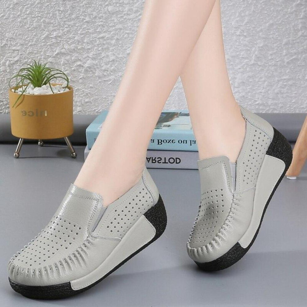 (grey, 37) Breathable Summer Women&apos;s Shoes Flat Platform Ladies Sneakers Female Hollows Cow Suede Leather Woman Loafers Wedges Slip On Shoe