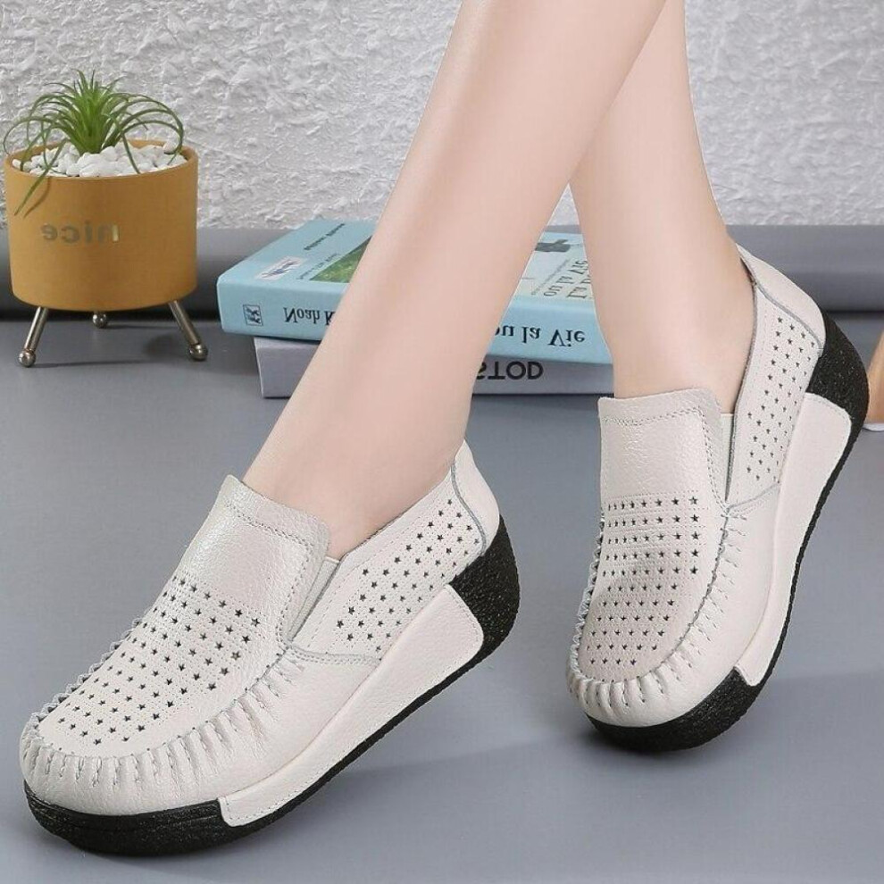 (beige, 39) Breathable Summer Women&apos;s Shoes Flat Platform Ladies Sneakers Female Hollows Cow Suede Leather Woman Loafers Wedges Slip On Shoe