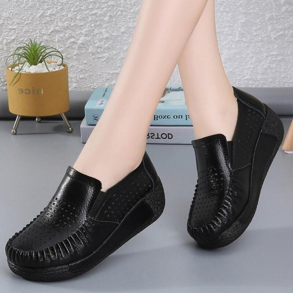 (black, 35) Breathable Summer Women&apos;s Shoes Flat Platform Ladies Sneakers Female Hollows Cow Suede Leather Woman Loafers Wedges Slip On Shoe