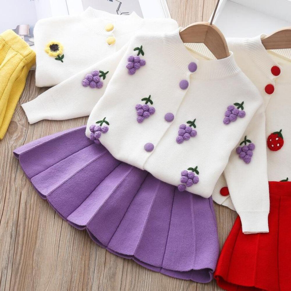 (purple, 130cm) Girls Long Sleeve Knit Suit Christmas Autumn Winter Girls Sweater Cardigan Knit Top + Skirt Two Piece Set