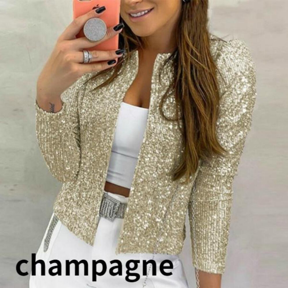 (champagne, XXXL) Women Casual  Long Sleeve Blazer Suit Open Front Sequin Coat Female Jacket Sequin Pearls Cardigan Coats O-neck Outerwear Ladies Woman Black Silver
