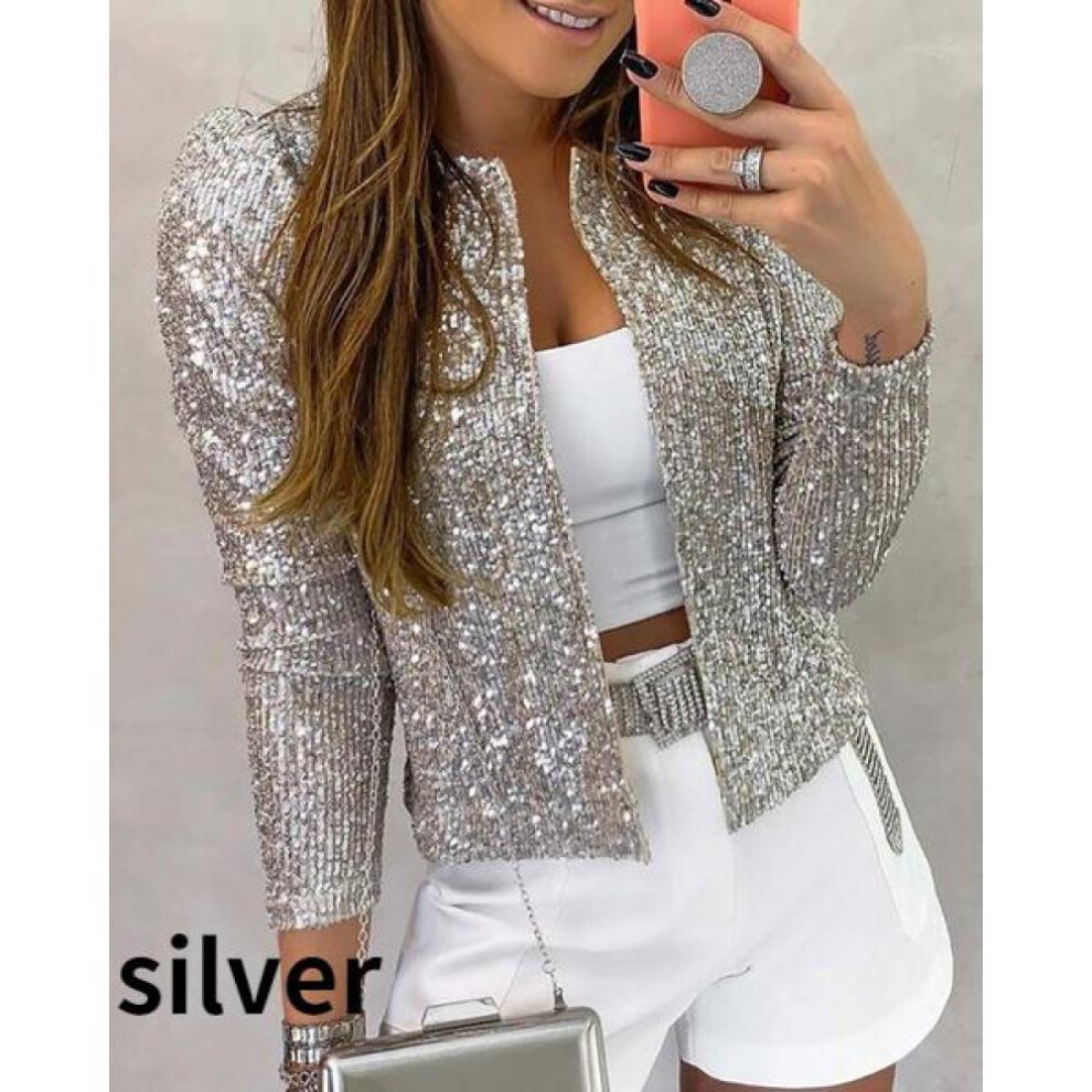 (silver, S) Women Casual  Long Sleeve Blazer Suit Open Front Sequin Coat Female Jacket Sequin Pearls Cardigan Coats O-neck Outerwear Ladies Woman Black Silver