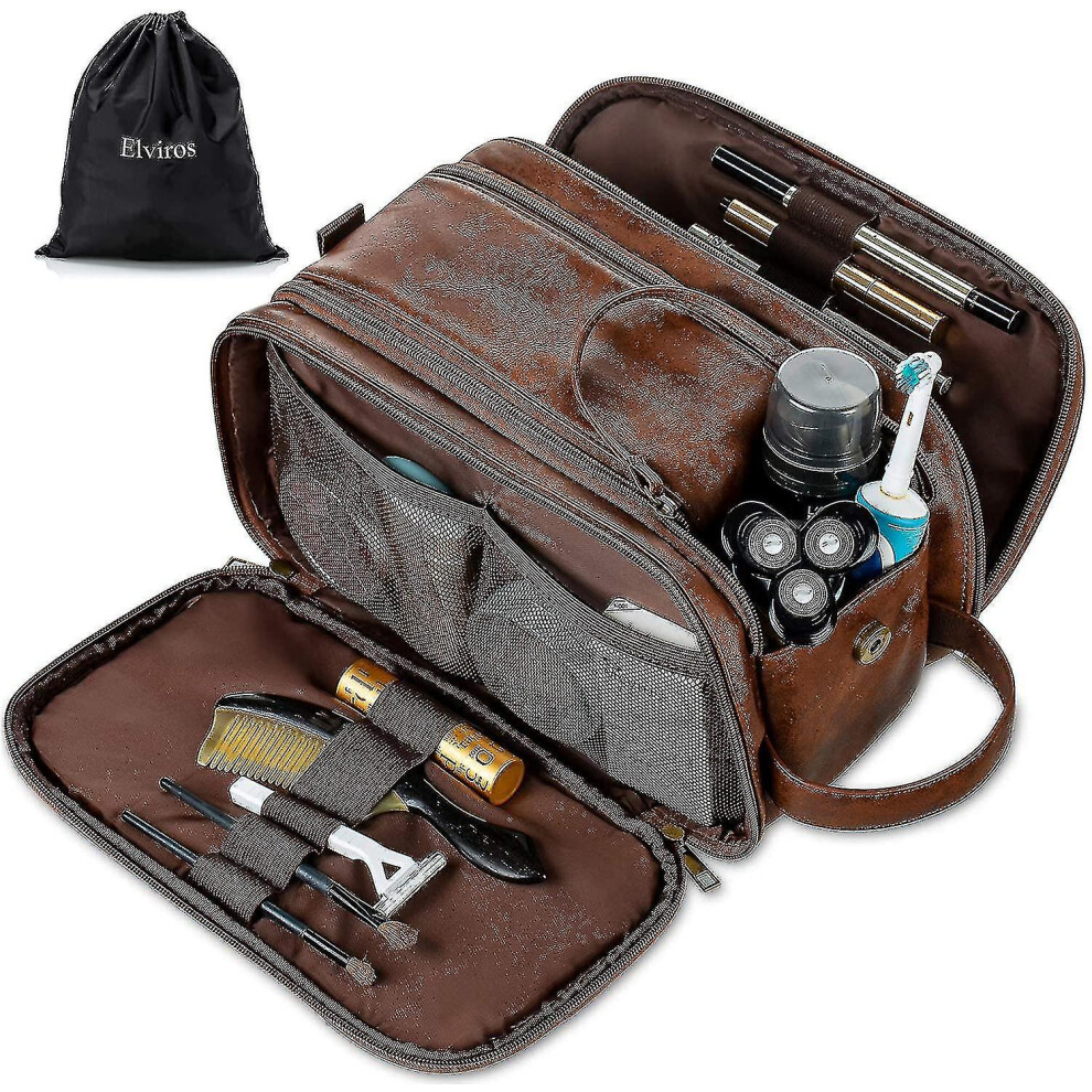 (brown) Waterresistant Leather Toiletry Bag For Men Large Travel Wash Bag Shaving Dopp Kit Bathroom Gym Toiletries Makeup Organizer With Free Wet Dry-image-OPC-PFTYF7J-NEW