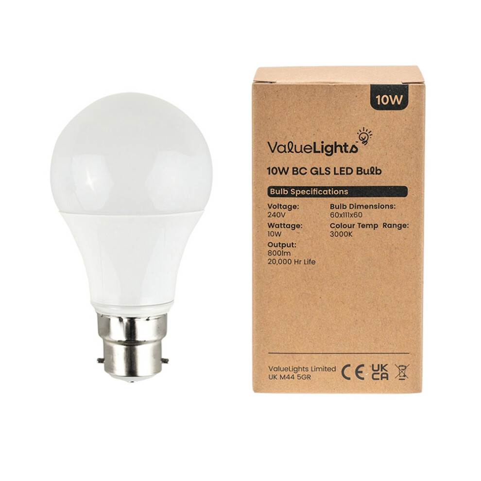 Pack of 8 High Power 10w LED BC B22 SMD GLS Energy Saving Long Life Bulbs [3000K Warm White]