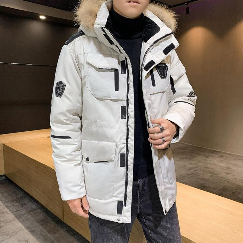 (white, L) New Winter Men's Down Jacket Mid-length Couple Tooling Down Jacket